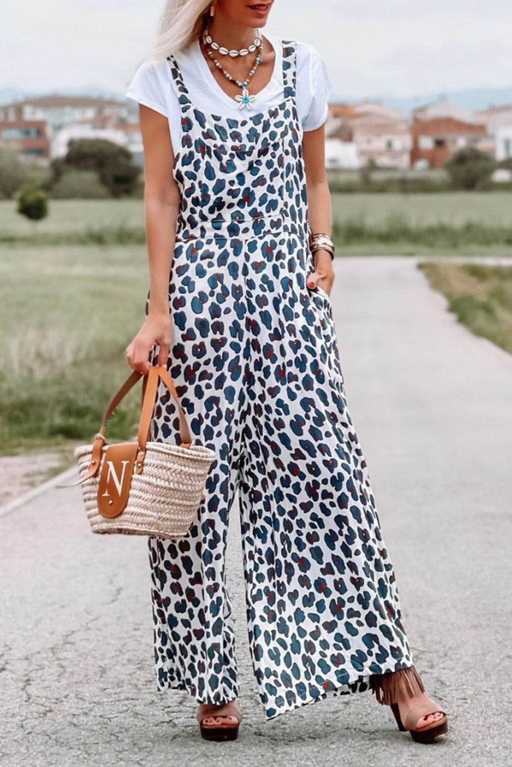 Wide Leg Leopard Print Jumpsuit Overalls