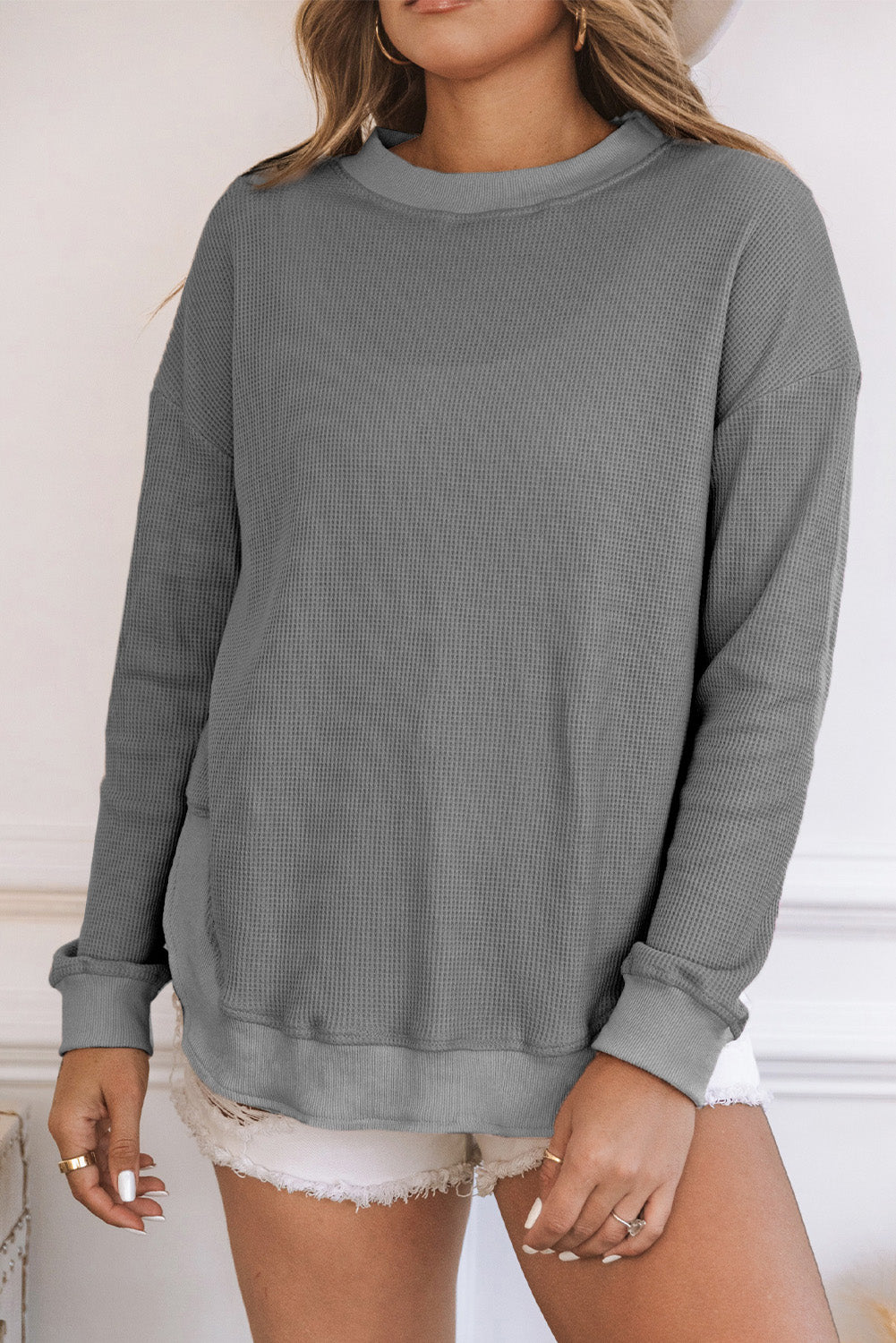 Crew Neck Ribbed Trim Waffle Knit Top