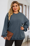 Pink Solid Ribbed Knit Round Neck Pullover Sweatshirt