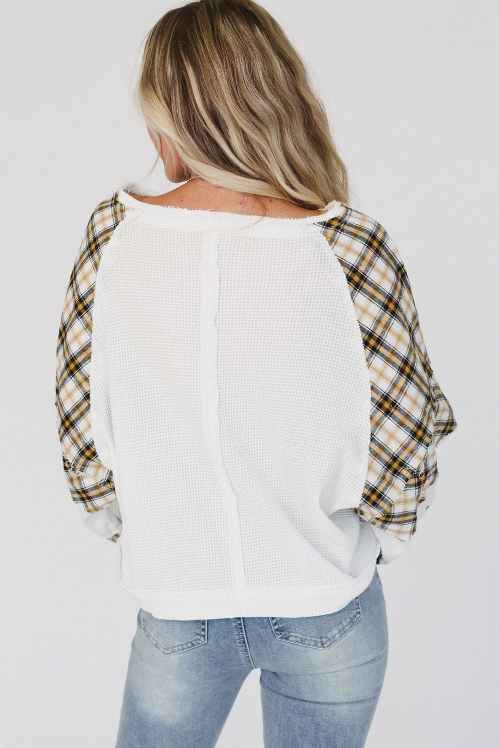 Plaid Patch Waffle Knit Exposed Seam Bubble Sleeve Top