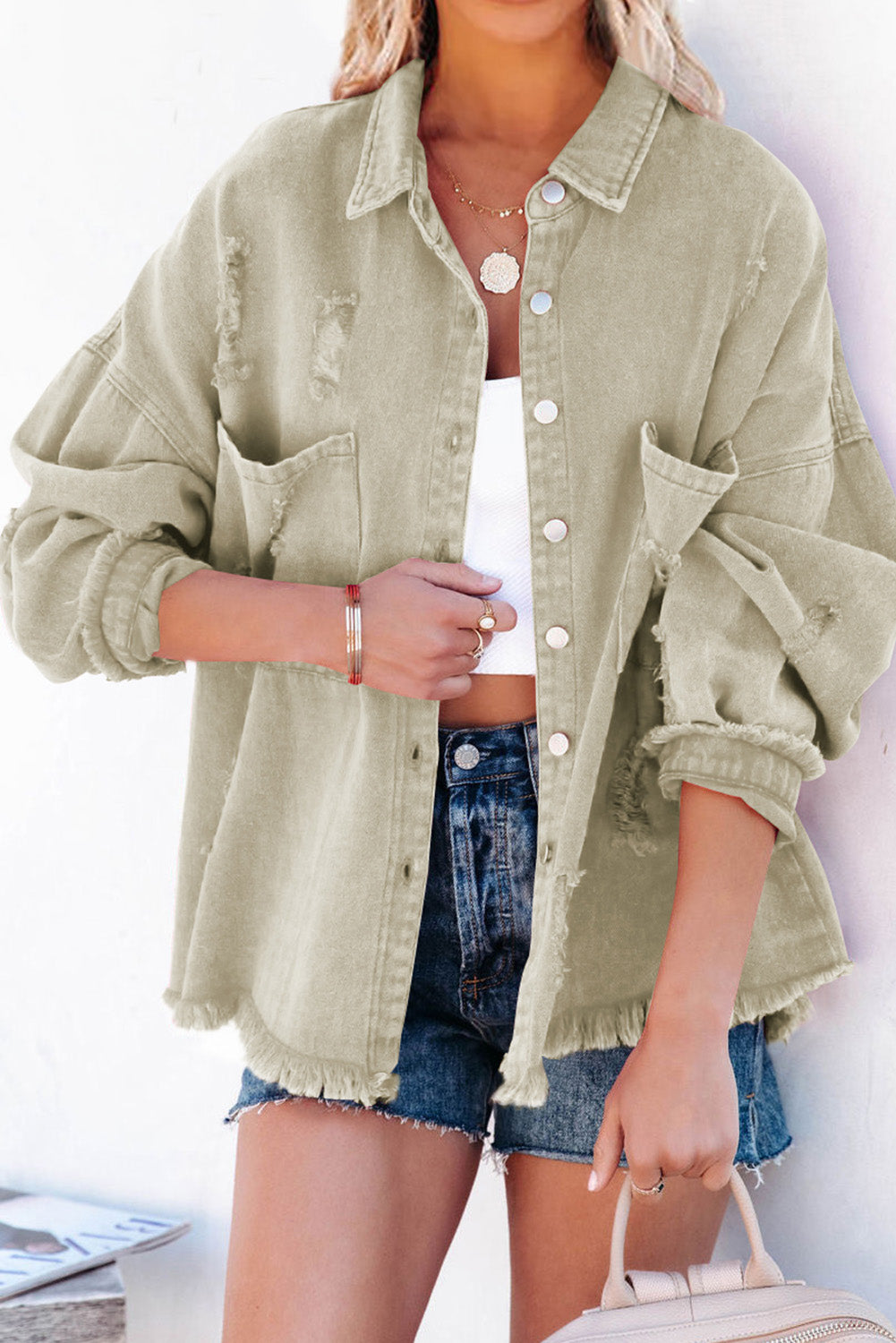 Distressed Fringe Trim Denim Jacket