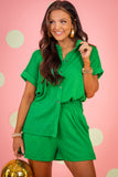 Bright Green Textured Short Sleeve Shirt and Shorts Set