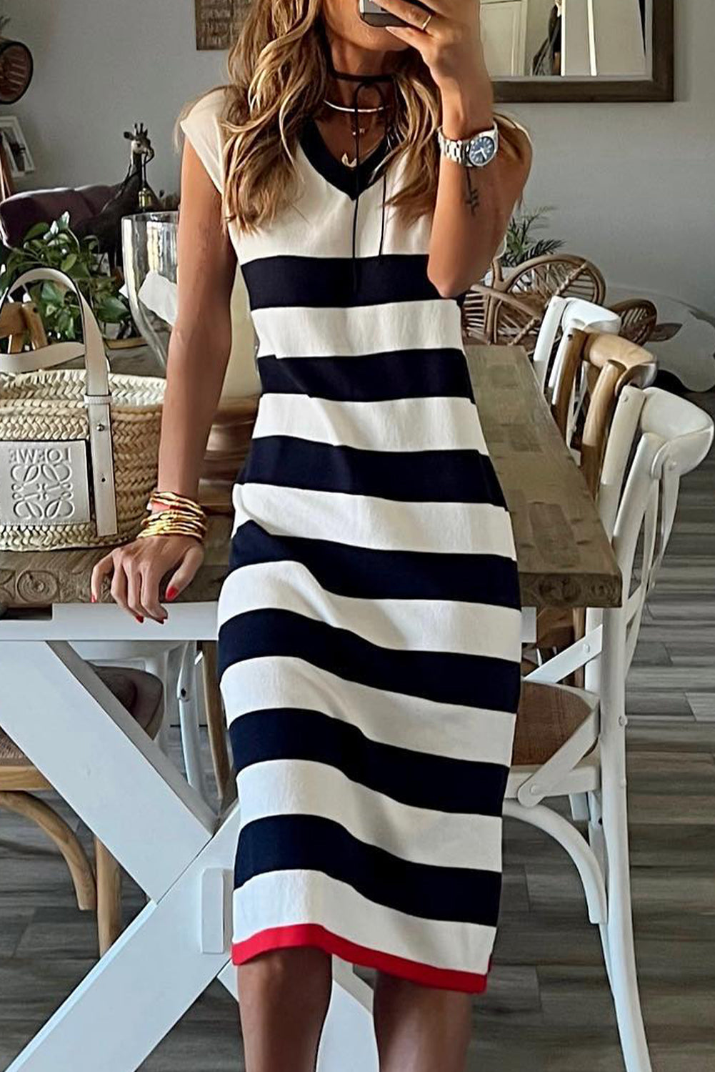 V Neck Cap Sleeve Midi Dress