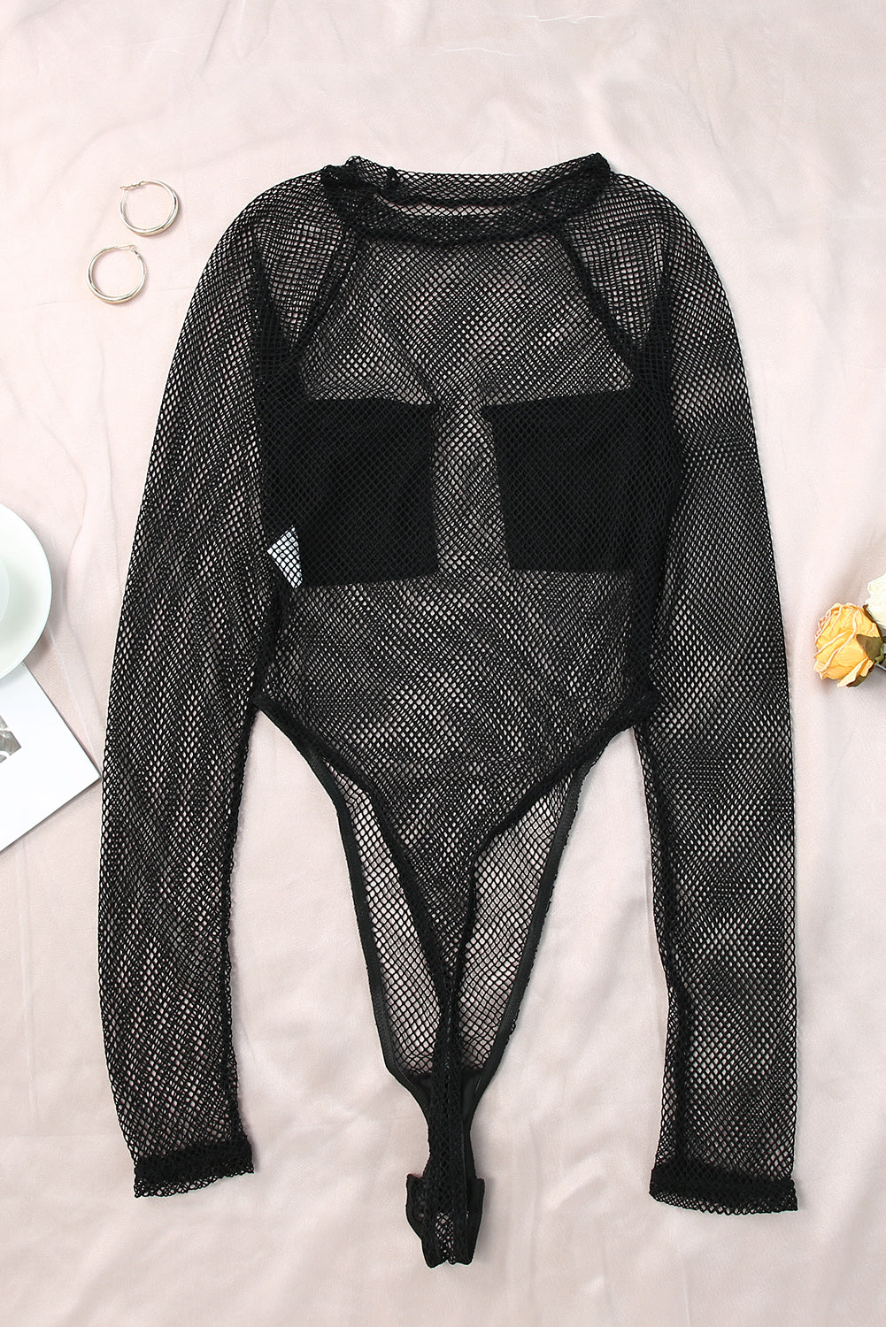 Fishnet Pocketed Long Sleeve High Cut Bodysuit