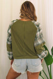 Green Plaid Patch Waffle Knit Exposed Seam Bubble Sleeve Top