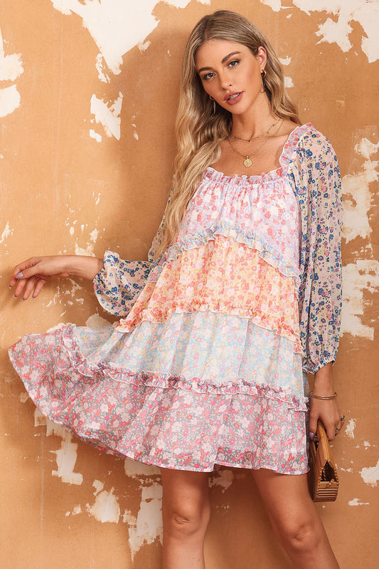 Floral Colorblock Tiered Puff Sleeve Dress