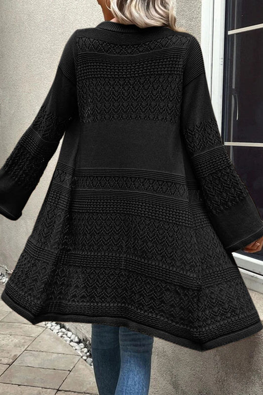 Black Pointelle Knit Open Front Cardigan