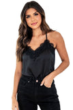 Lace Neckline Sleeveless Satin Bodysuit