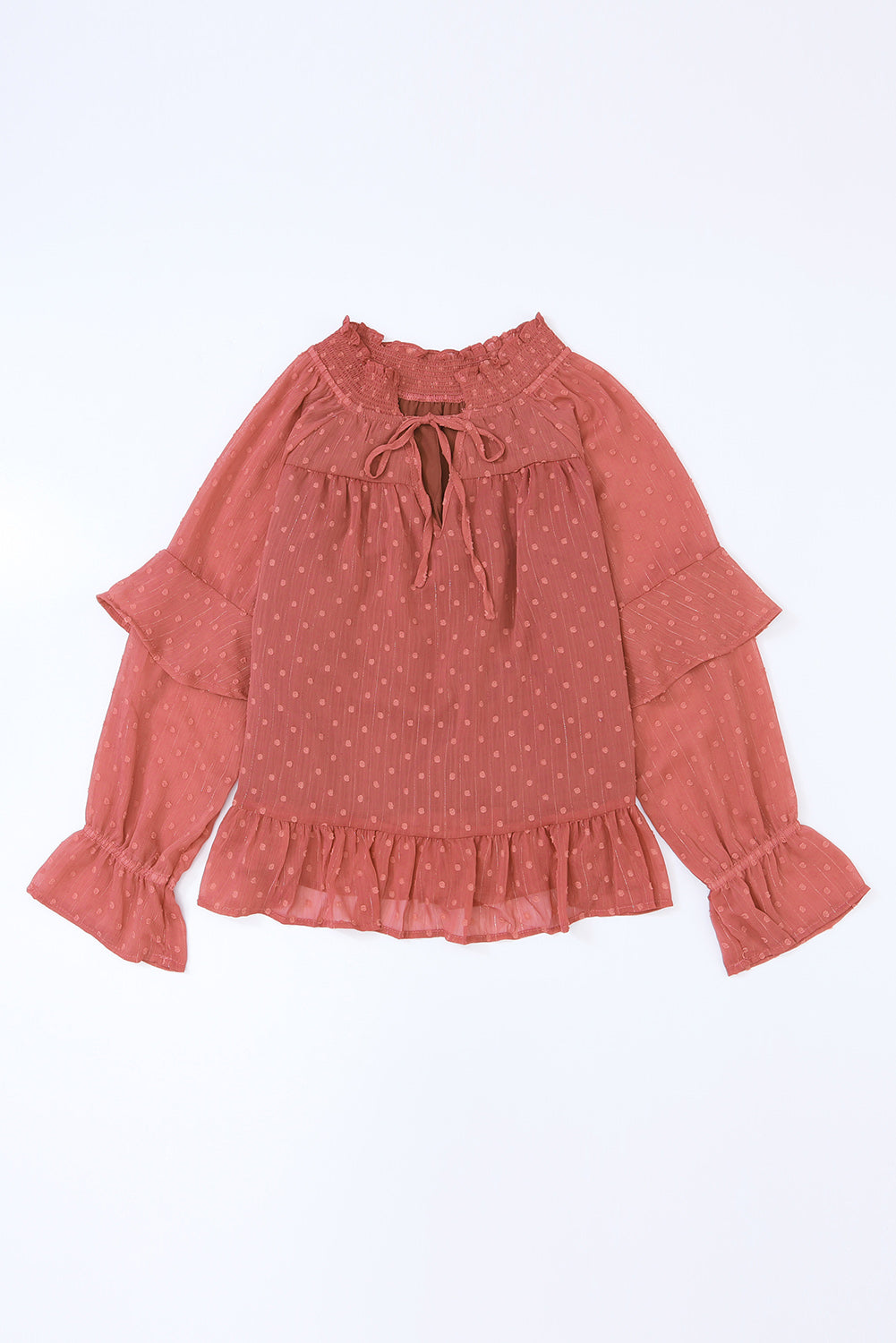 Swiss Dot Lace up V Neck Ruffled Blouse