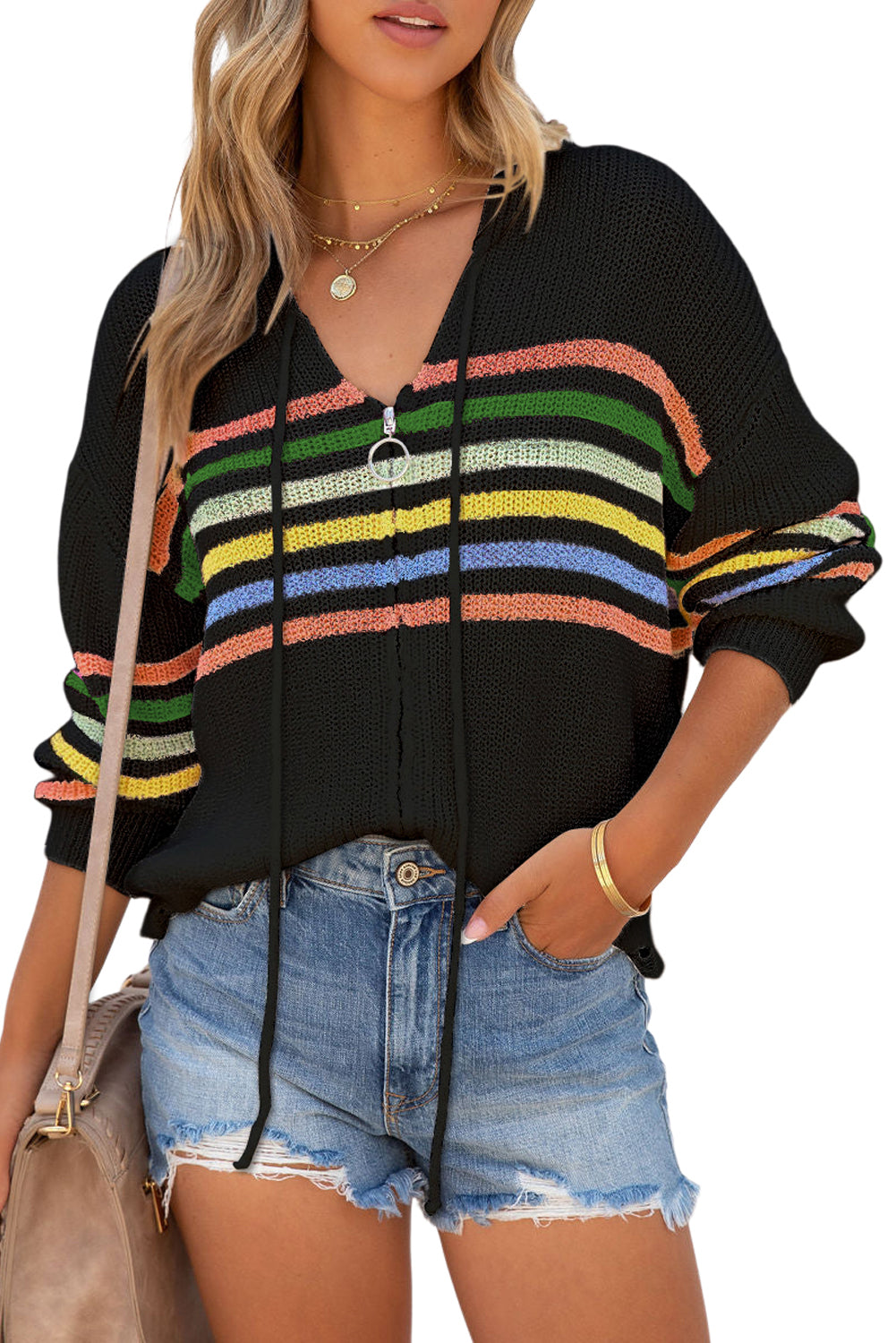 Striped Detail Zip Up Hooded Sweater Cardigan