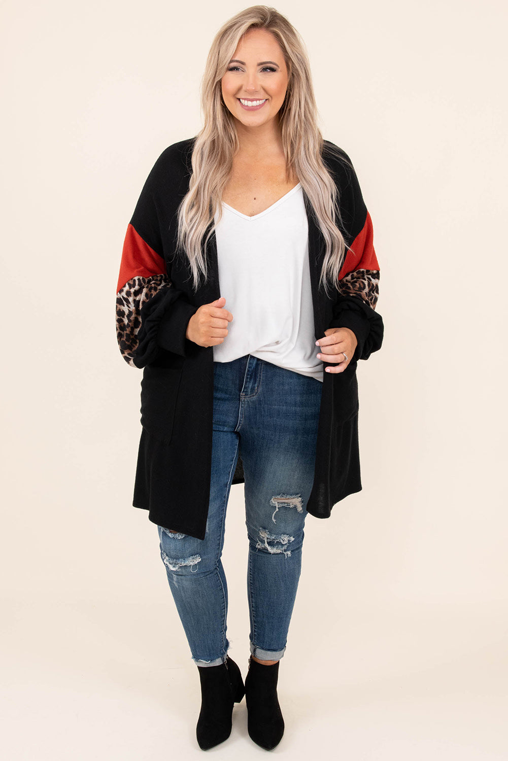 Leopard Color Block Sleeve Plus Size Cardigan