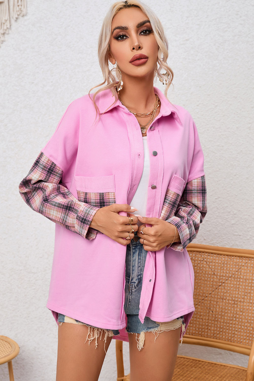 Plaid Patchwork Chest Pockets Oversized Shirt Jacket