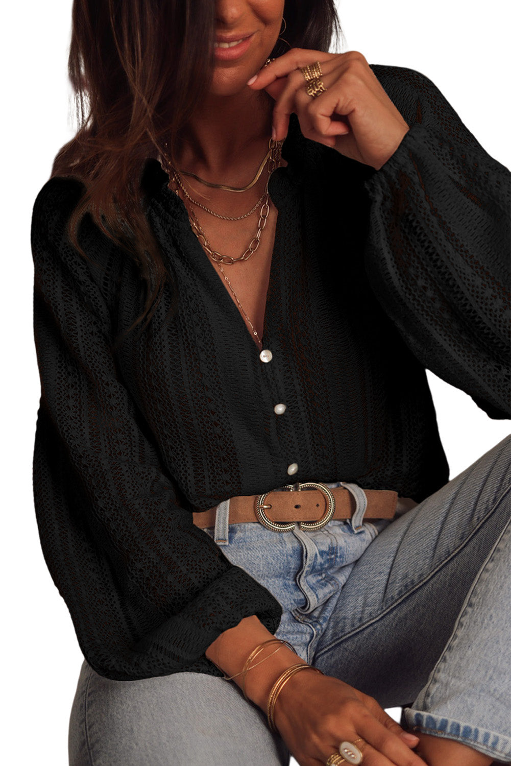 V-Neck Long Sleeve Button Up Lace Shirt