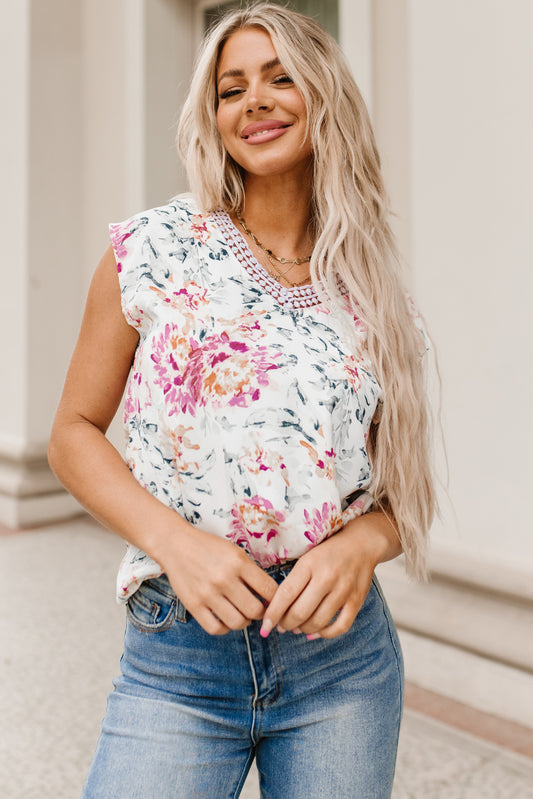 Blouse sans manches en dentelle à imprimé floral rose