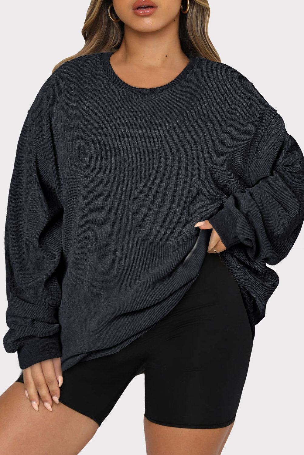 Pink Solid Ribbed Knit Round Neck Pullover Sweatshirt