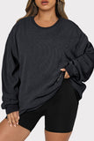 Pink Solid Ribbed Knit Round Neck Pullover Sweatshirt