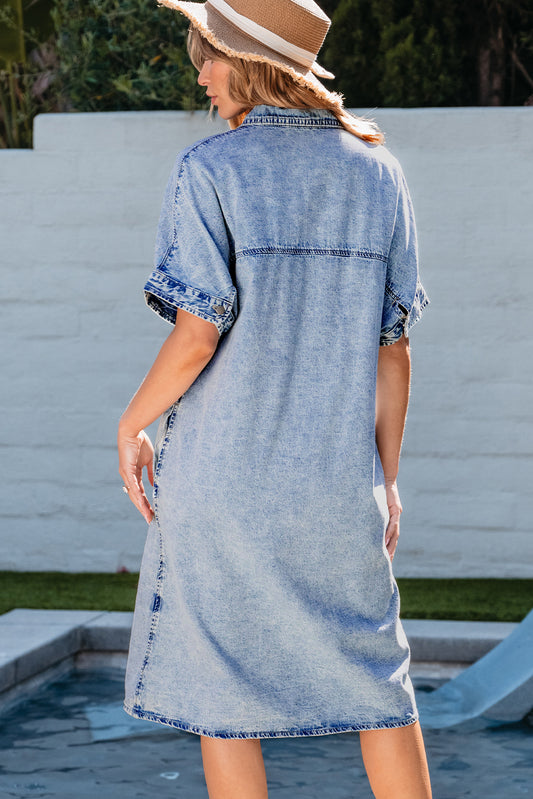 Light Blue Loose Medium Wash Short Sleeve Shirt Chambray Dress