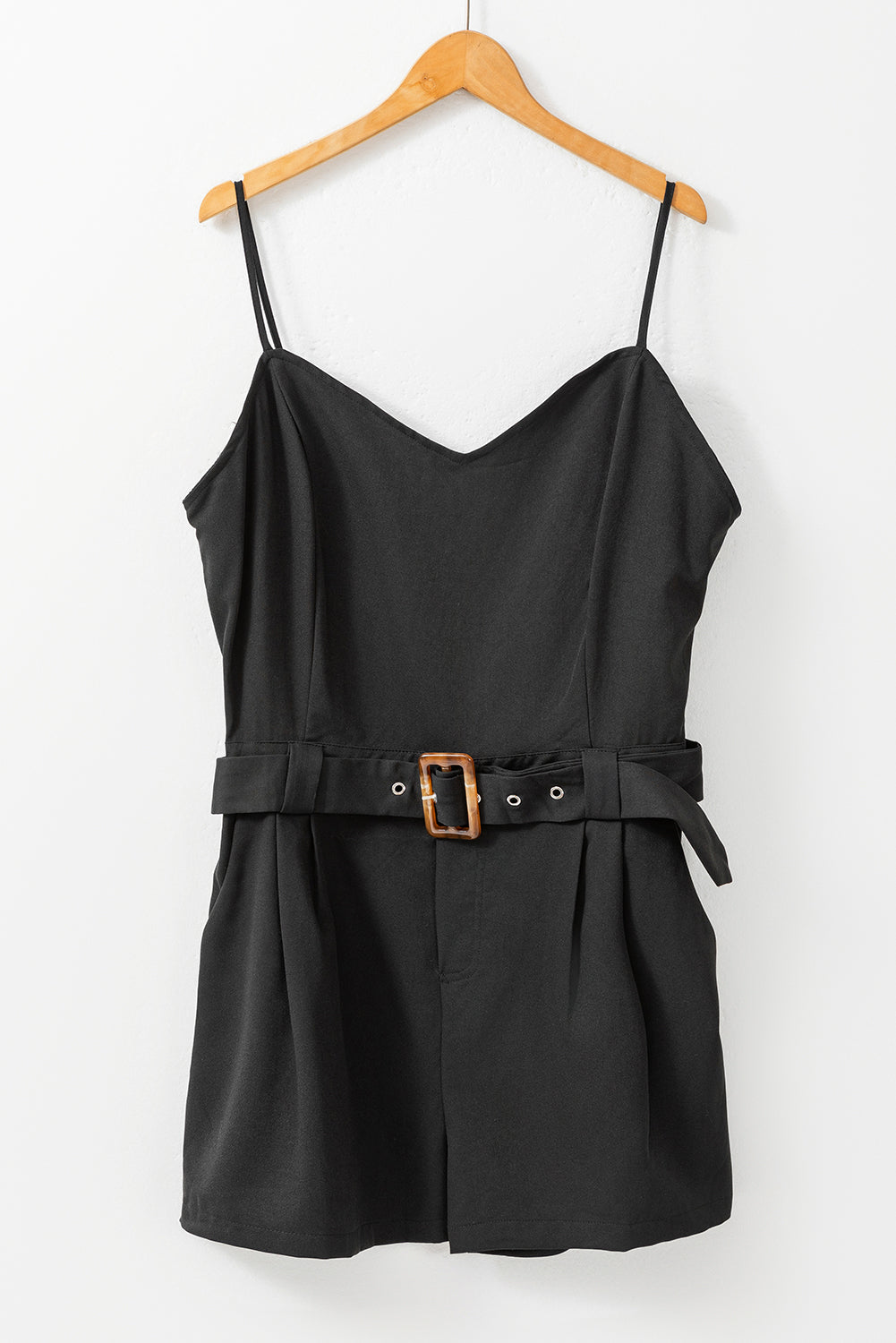 Black Shirred Back Buckle Belted Romper