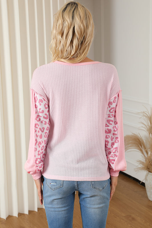 Pink Leopard Patchwork Exposed Seam Waffle Knit Top