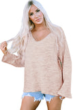 Waffled Knit Long Sleeve V-Neck Frayed Top