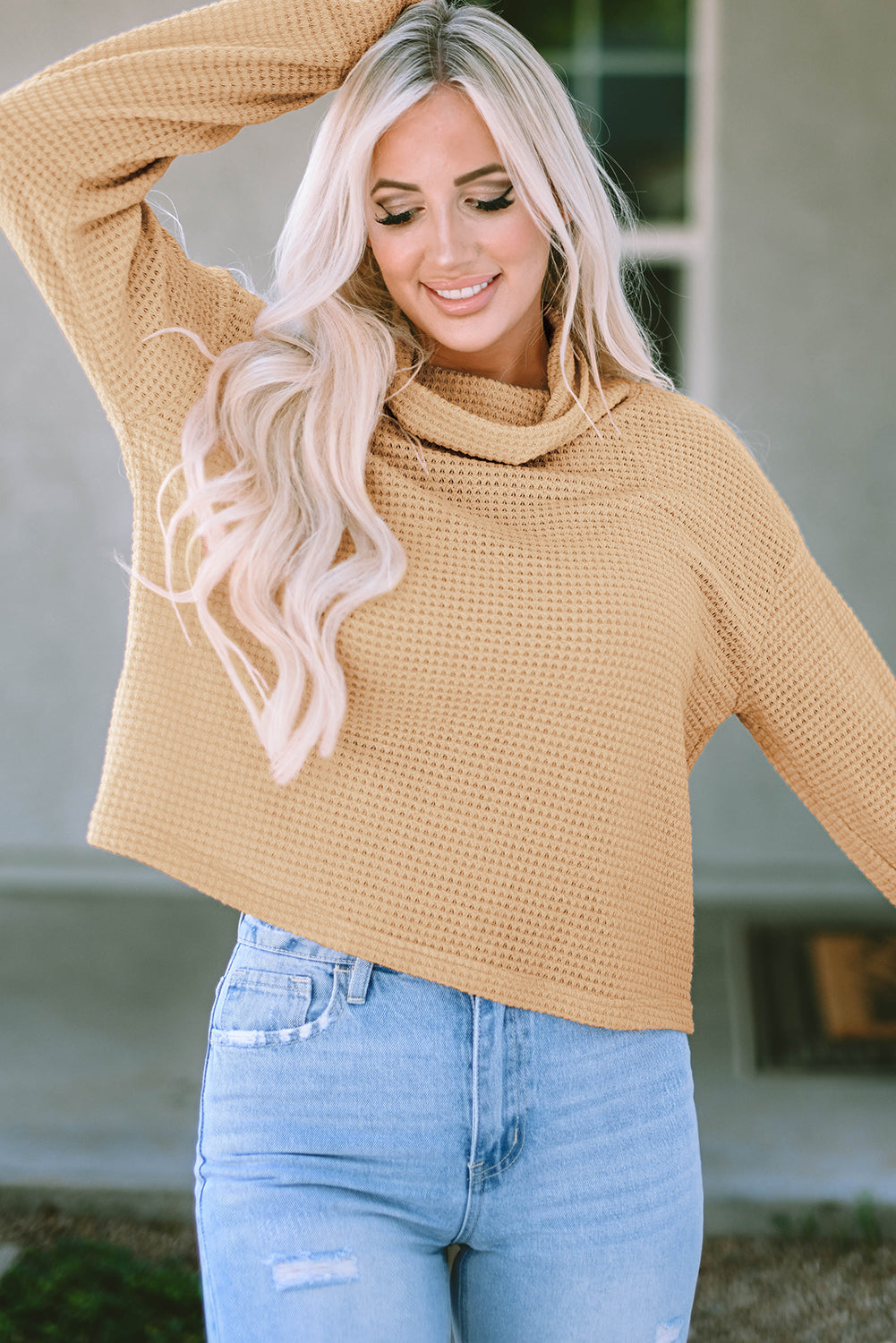 Solid Waffle Knit Turtleneck Long Sleeve Top