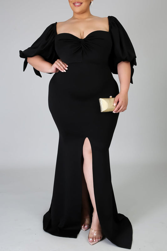 Robe longue noire avec nœud papillon et manches bouffantes, grande taille, fente haute