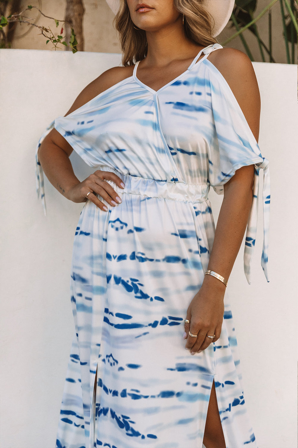 Cold Shoulder Tie-dye Maxi Dress with Slits