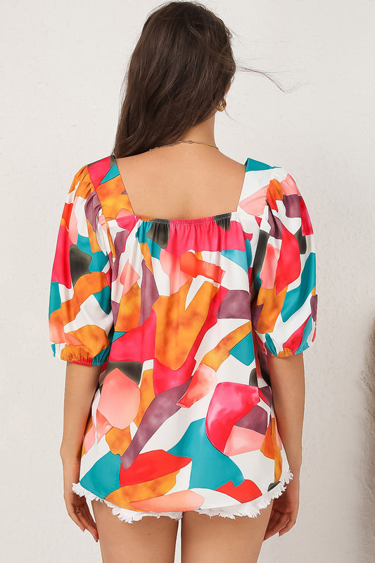 Square Neck Abstract Print Short Sleeve Blouse