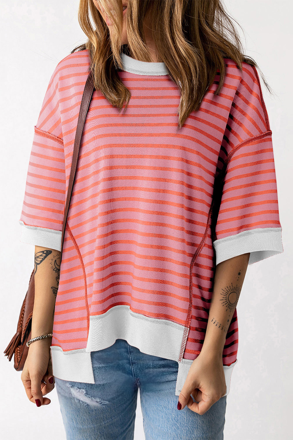 Orange Stripe Oversized Contrast Trim Exposed Seam High Low T Shirt