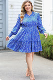 Plus Size Spotted Print Split Neck Ruffle Mini Dress