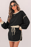 Black Color Contrast Loose Pullover and Lace-up Waist Skort Set