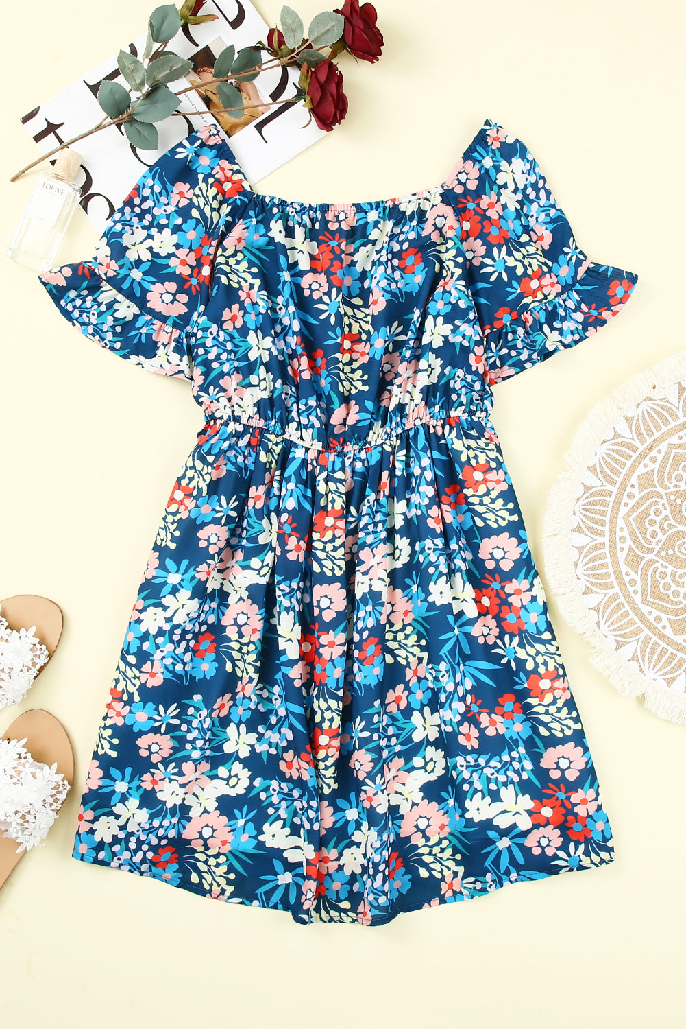 Square Neck Ruffle Floral Dress