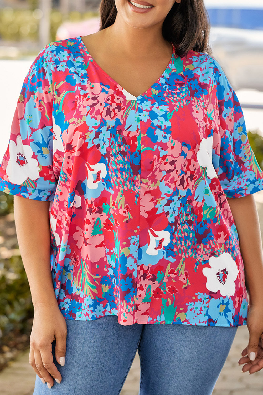 V Neck Dolman Sleeve Plus Size Floral Blouse