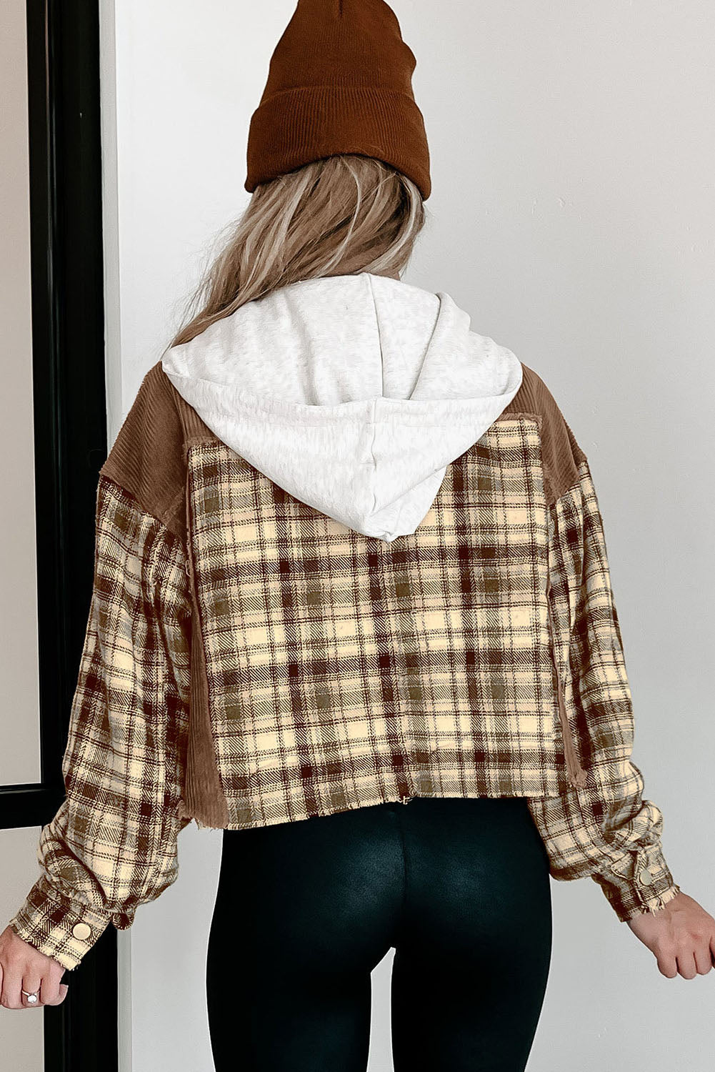 Plaid Patchwork Distressed Hooded Cropped Jacket