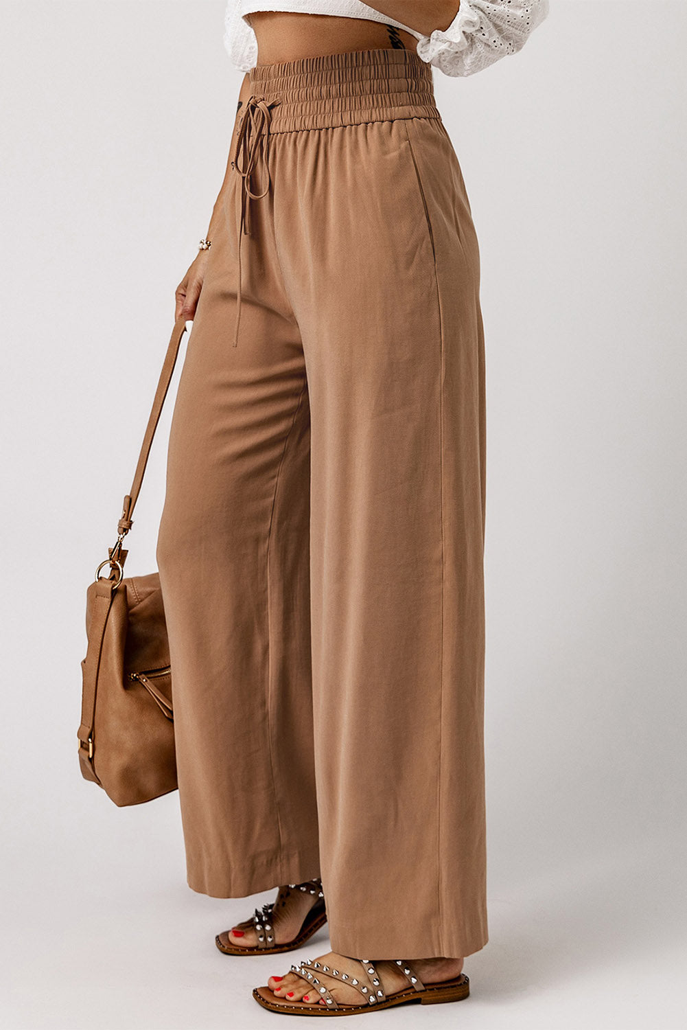 Blue Drawstring Elastic Waist Casual Wide Leg Pants