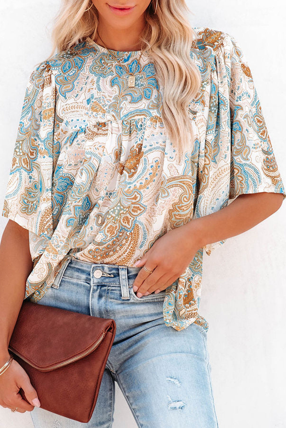 Paisley Print Wide Sleeves Loose Blouse