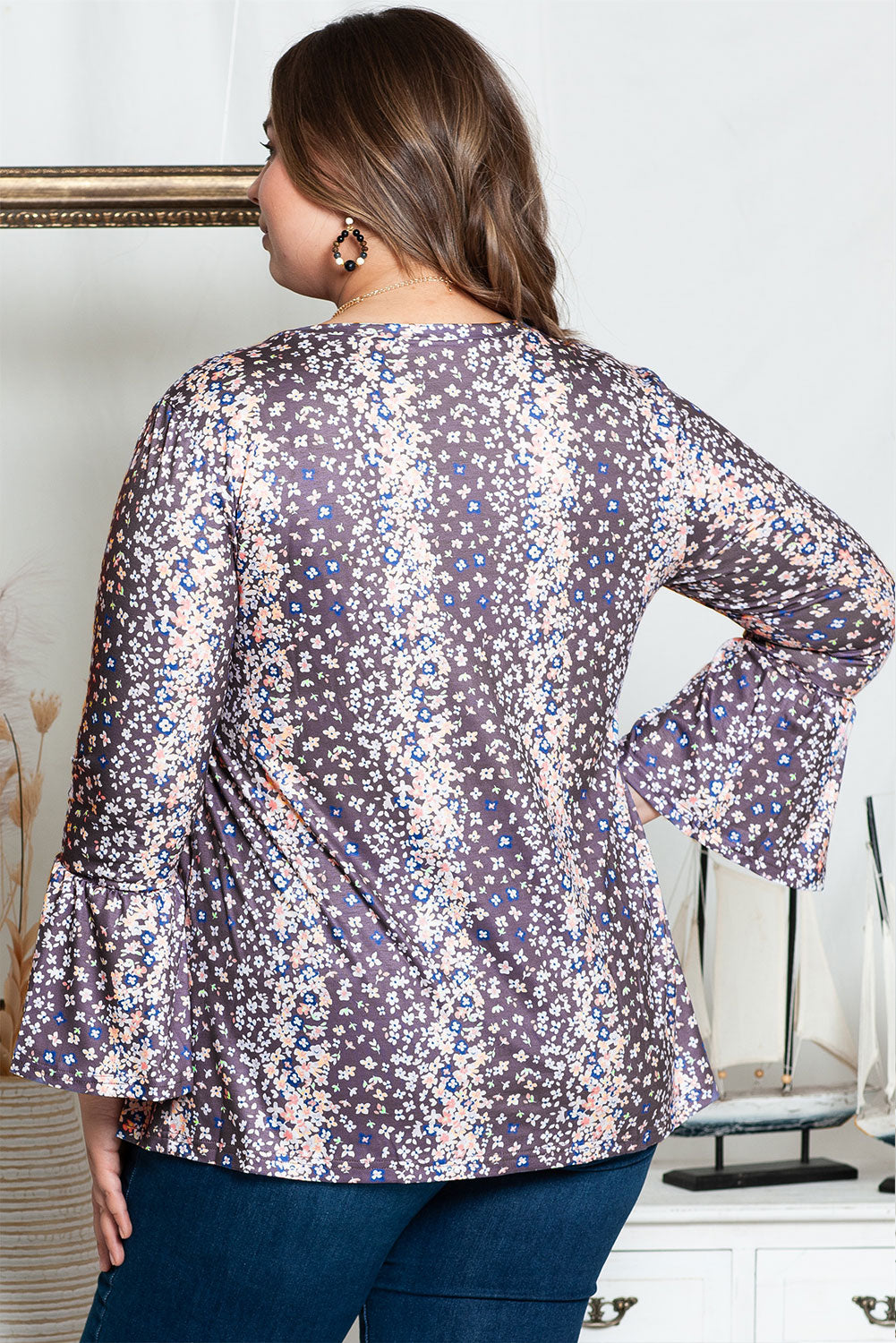 Floral Print Round Neck Plus Size Babydoll Blouse