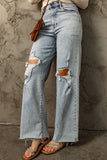 Distressed Frayed Hem Holed Straight Leg Loose Jeans