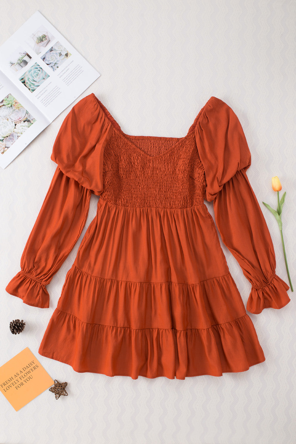 Boho Solid Shirred Ruffle Mini Dress