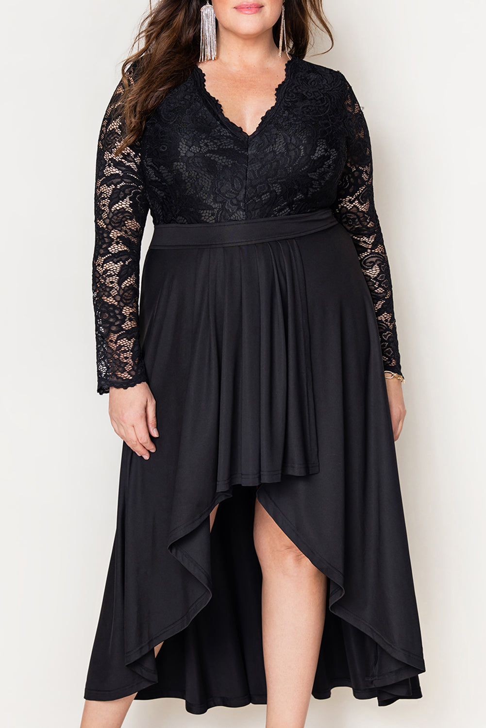 Plus Size High-Low Lace Contrast Evening Dress