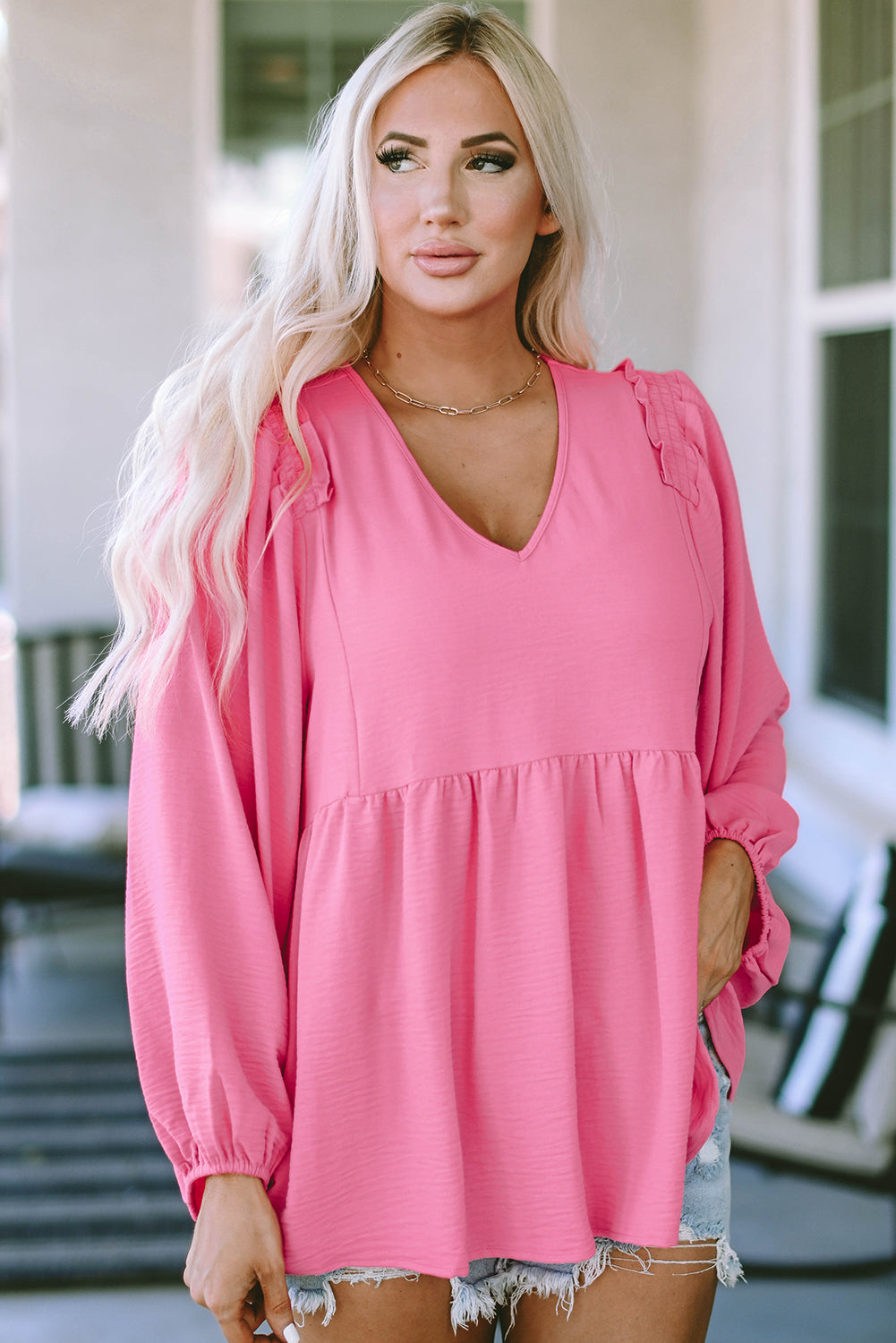 Frilled V Neck Puff Sleeve Babydoll Blouse