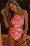 Abstract Print Halter Hollow-Out Back Tie One-Piece Swimsuit