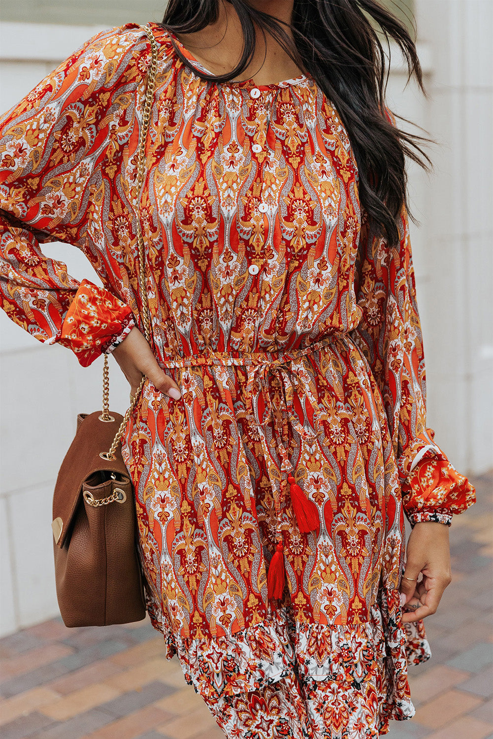 Western Pattern Print Lantern Sleeve Drawstring Mini Dress