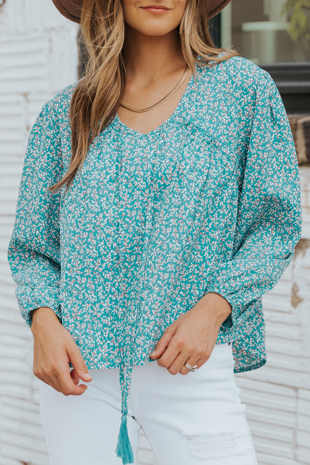 Floral Print Drawstring High Low V Neck Blouse