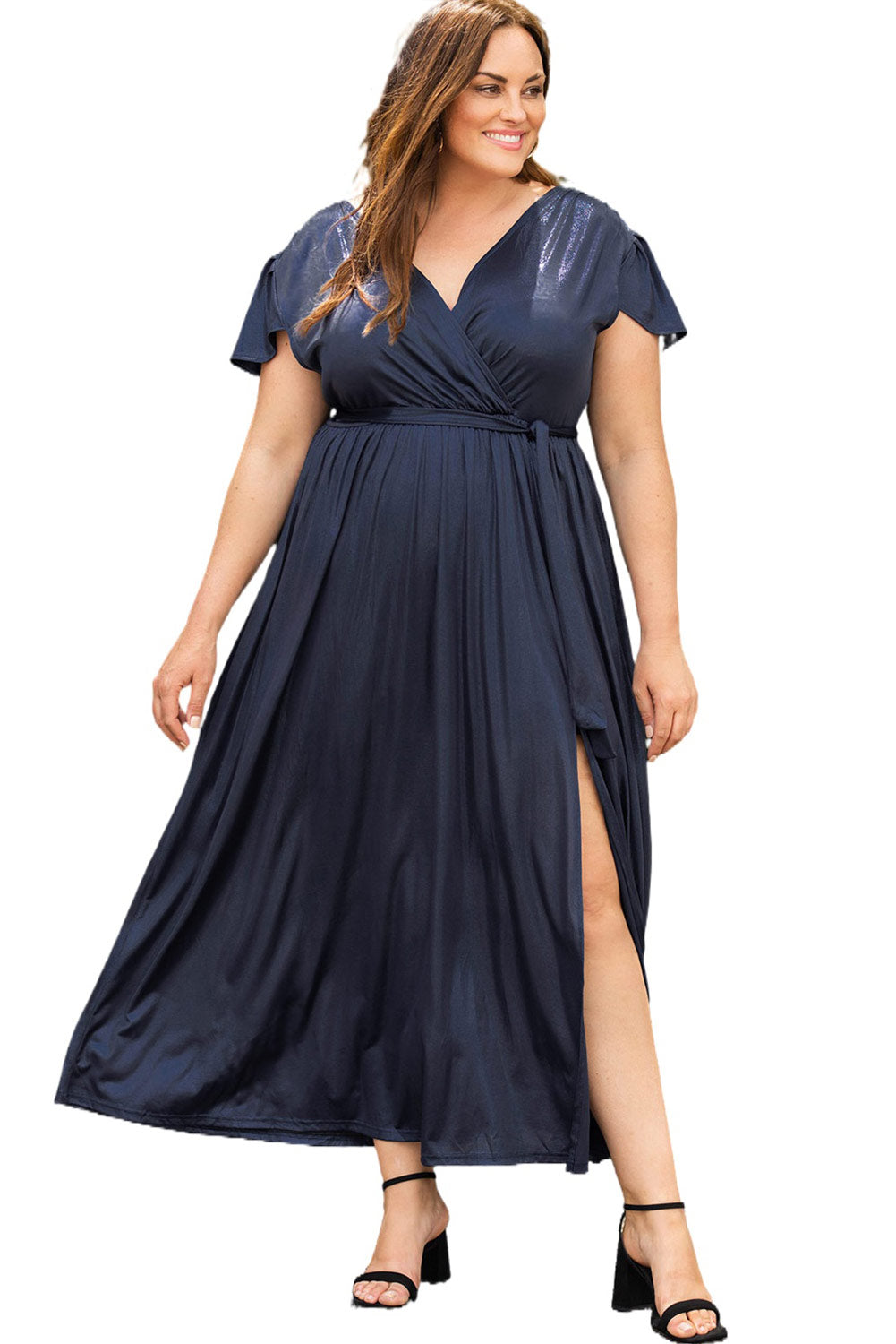 Robe portefeuille bleue à manches flottantes et col en V, grande taille, ceinturée