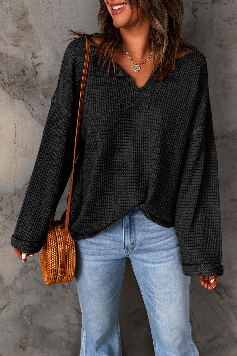 purple Waffle Knit Loose Long Sleeve Top