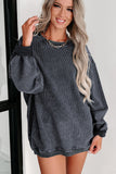 Pink Solid Ribbed Knit Round Neck Pullover Sweatshirt