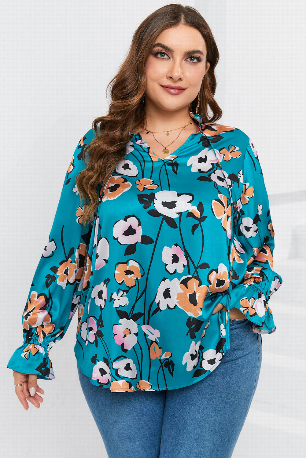 Floral Print V Neck Plus Size Blouse