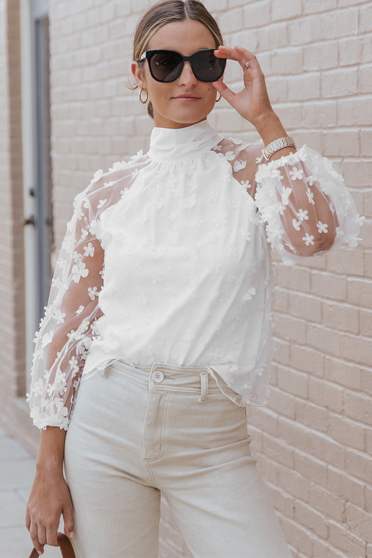 Mock Neck Floral Mesh Long Sleeve Top