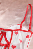 Heart Print Ruffled Strappy Three-piece Lingerie Set